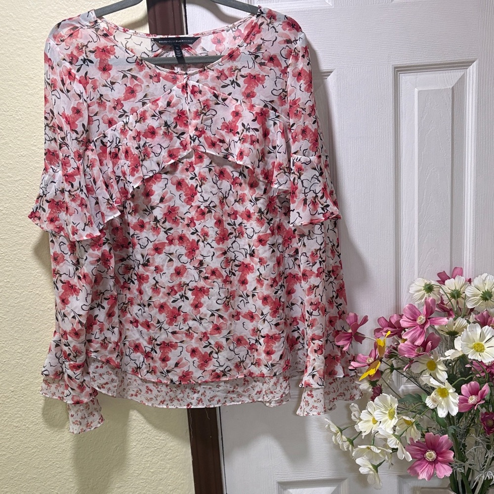 White House Black Market Pink Floral Sheer Ruffle Blouse - Picture 10 of 12